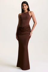 Akari | Brown Crew-Neck Maxi Dress With Satin Skirt