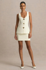 Angel | Cream Plunge-Neck Tailored Mini Dress With Gold-Detailing