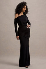 Deanna | Black Asymmetric Long-Sleeve Ruched Maxi Dress