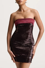 Casandra | Burgundy Sequin Bandeau Mini Dress With Satin Trim