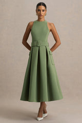 Elisia | Olive Crew-Neck Belted Midi Dress