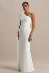 Athens | White Asymmetric-Neck Maxi Dress With Cape Sleeve Detail