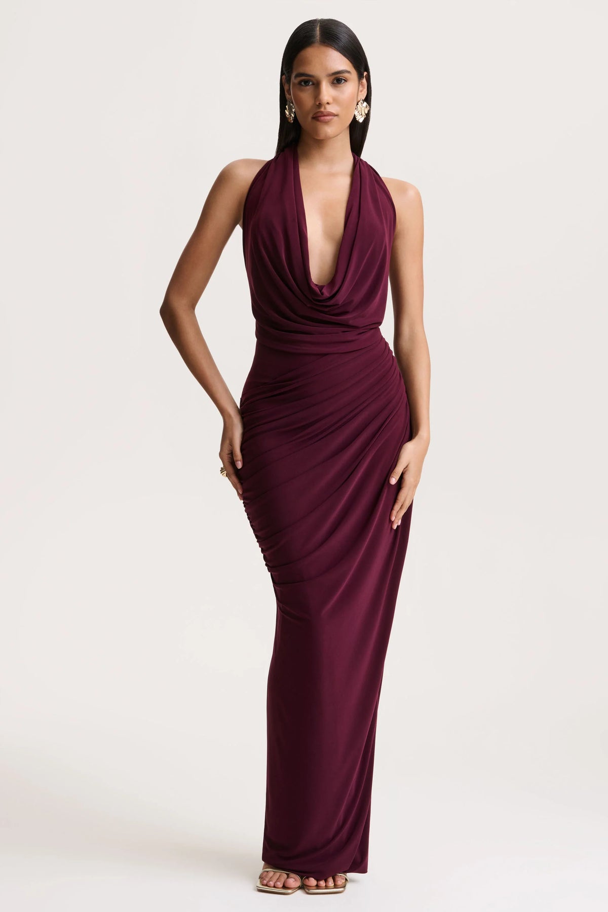 Cairo | Burgundy Cowl-Neck Maxi Dress With Gathered Detailing