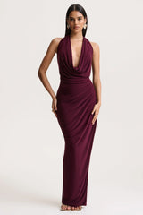 Cairo | Burgundy Cowl-Neck Maxi Dress With Gathered Detailing
