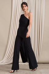 Aurora | Black One Shoulder Cape Sleeve Jumpsuit