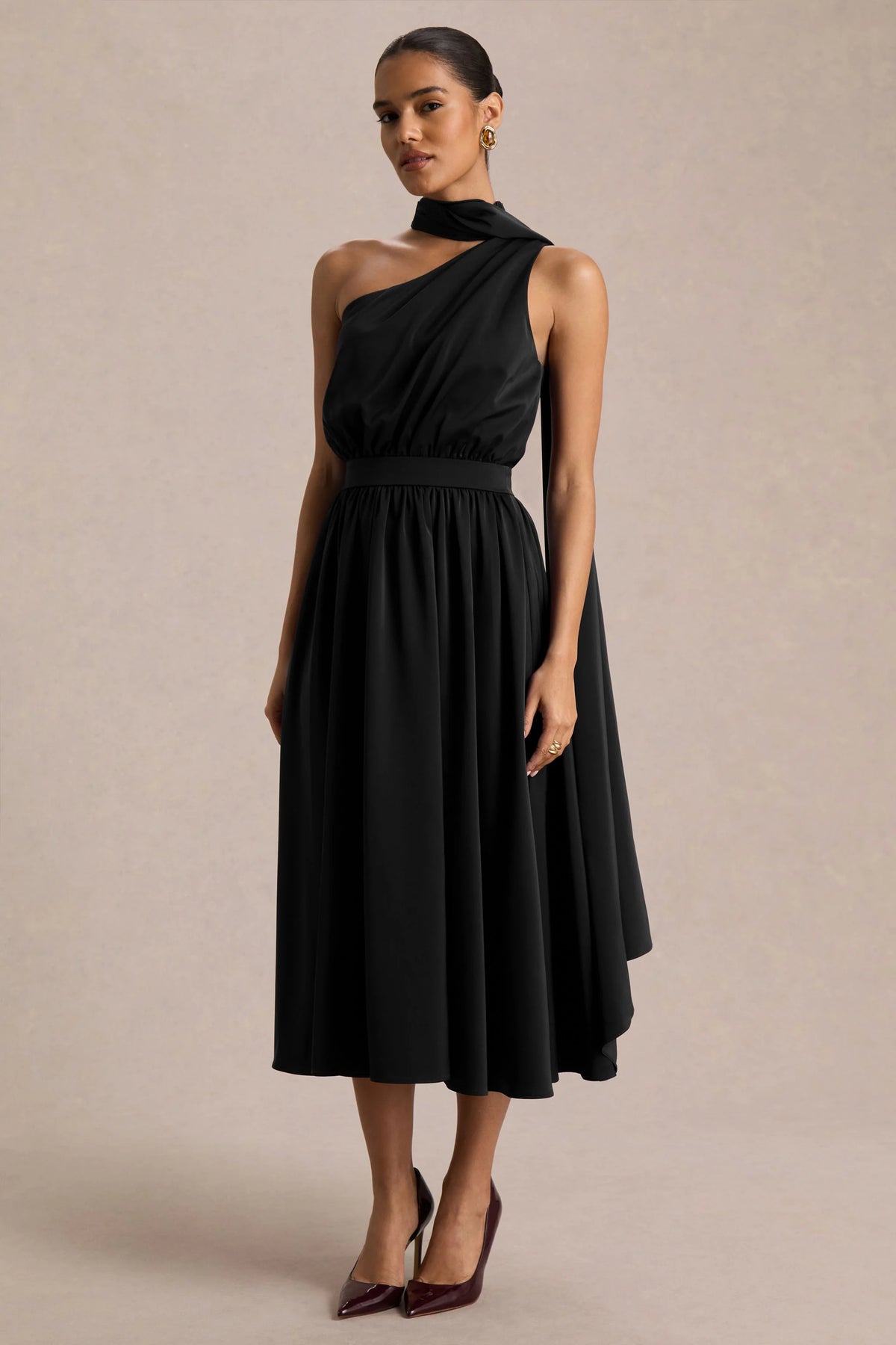 Caluna | Black Satin Asymmetric-Neck Midi Dress With Scarf-Detail