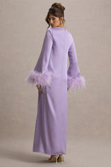 Adella | Lilac Satin Feather-Trim Maxi Dress
