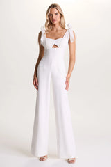 Claudelle | White Flared-Leg Jumpsuit With Organza Bow Straps