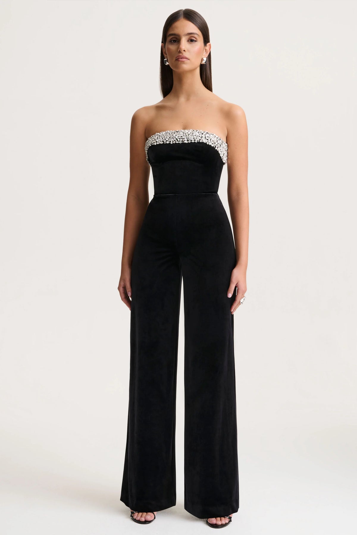 Emelie | Black Velvet Hand-Embellished Bandeau Jumpsuit