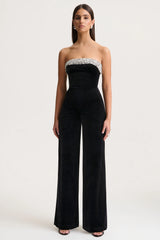 Emelie | Black Velvet Hand-Embellished Bandeau Jumpsuit