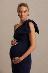 Adorn | Navy Asymmetric Maternity Midi Dress With Shoulder Bow Detail