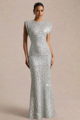 Aurah | Silver Sequin Crew-Neck Maxi Dress With Cap Sleeves
