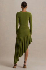 Alexia | Green Asymmetric-Neck Maxi Dress With Gold-Details