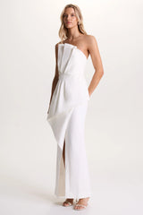 Dreamy Whispers | Cream Strapless Ruffle Split Maxi Dress