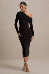 Cleo | Black Bodycon Midi Dress With Mesh Sleeves