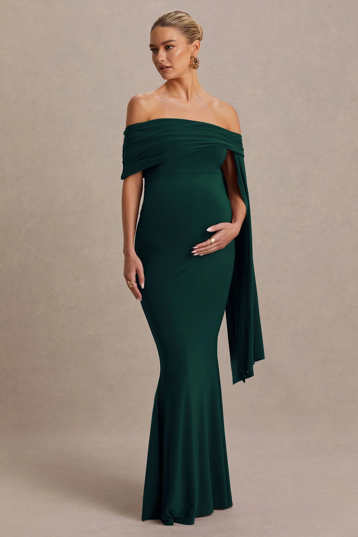 Aquila | Bottle Green Bardot Maternity Maxi Dress With Draped Detail