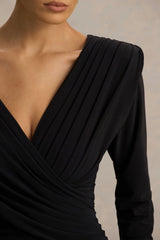 Alexis | Black Plunge-Neck Midi Dress With Draped And Ruched Detailing
