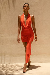 Centrepiece | Orange Cowl-Neck Wrap Mini Dress With Sash