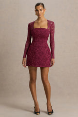 Bijou | Burgundy Square-Neck Lace Long-Sleeve Mini Dress