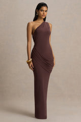 Elisa | Brown Asymmetric-Neck Maxi Dress With Open-Back And Ruched Detailing