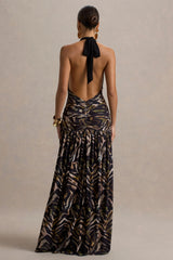Ferreira | Zebra Print Plunge-Neck Maxi Dress