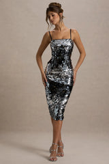 Azure | Silver Sequin Strappy Midi Dress