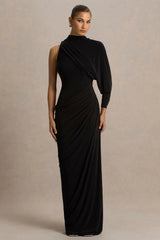 Aphra | Black High-Neck Maxi Dress With Cape-Sleeve