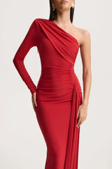 Anne | Red Asymmetric-Neck Wrapped Maxi Dress With Sash