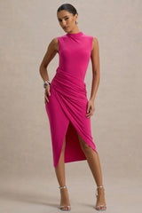 Estella | Hot Pink Midi Dress With Drape Skirt