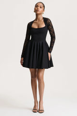 Elowen | Black Square-Neck Mini Dress With Lace-Sleeves