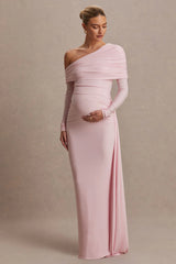 Amara | Blush Pink Asymmetric-Neck Maternity Maxi Dress With Sash Detail