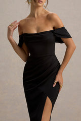 Annie | Black Satin Bardot Maxi Dress With Split Wrap Skirt