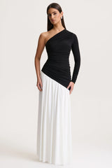 Danila | Black And White Asymmetric-Neck Maxi Dress With Drop-Waist