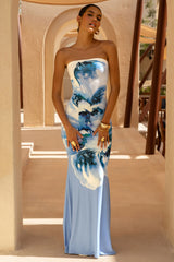 Ceremony | Large Blue Floral Print Bandeau Fishtail Maxi Dress