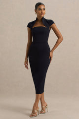 Elsie | Navy Cut-Out Neck Midi Dress With Short Sleeves