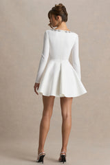 Astonish | White Long-Sleeve Embellished Square-Neck Mini Dress With Volume Skirt