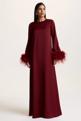 Adella | Burgundy Satin Feather-Trim Maxi Dress