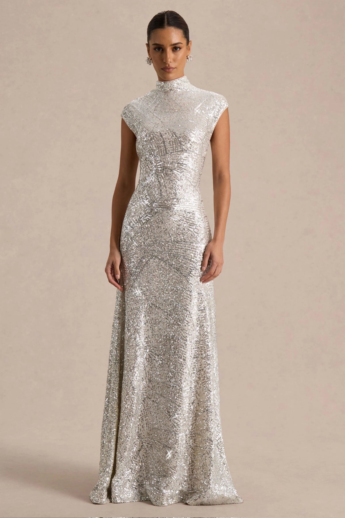 Cecy | Silver Sequin High-Neck Maxi Dress With Cap Sleeves