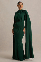 Darielle | Bottle Green High-Neck Cape-Sleeve Maxi Dress