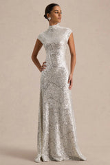 Cecy | Silver Sequin High-Neck Maxi Dress With Cap Sleeves