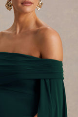 Aquila | Bottle Green Bardot Maternity Maxi Dress With Draped Detail