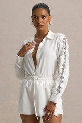 Coconut | Ecru Linen Button-Up Shirt With Lace Detail