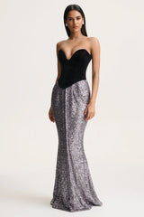 Aeris | Black Velvet And Silver Sequin Plunge-Neck Maxi Dress