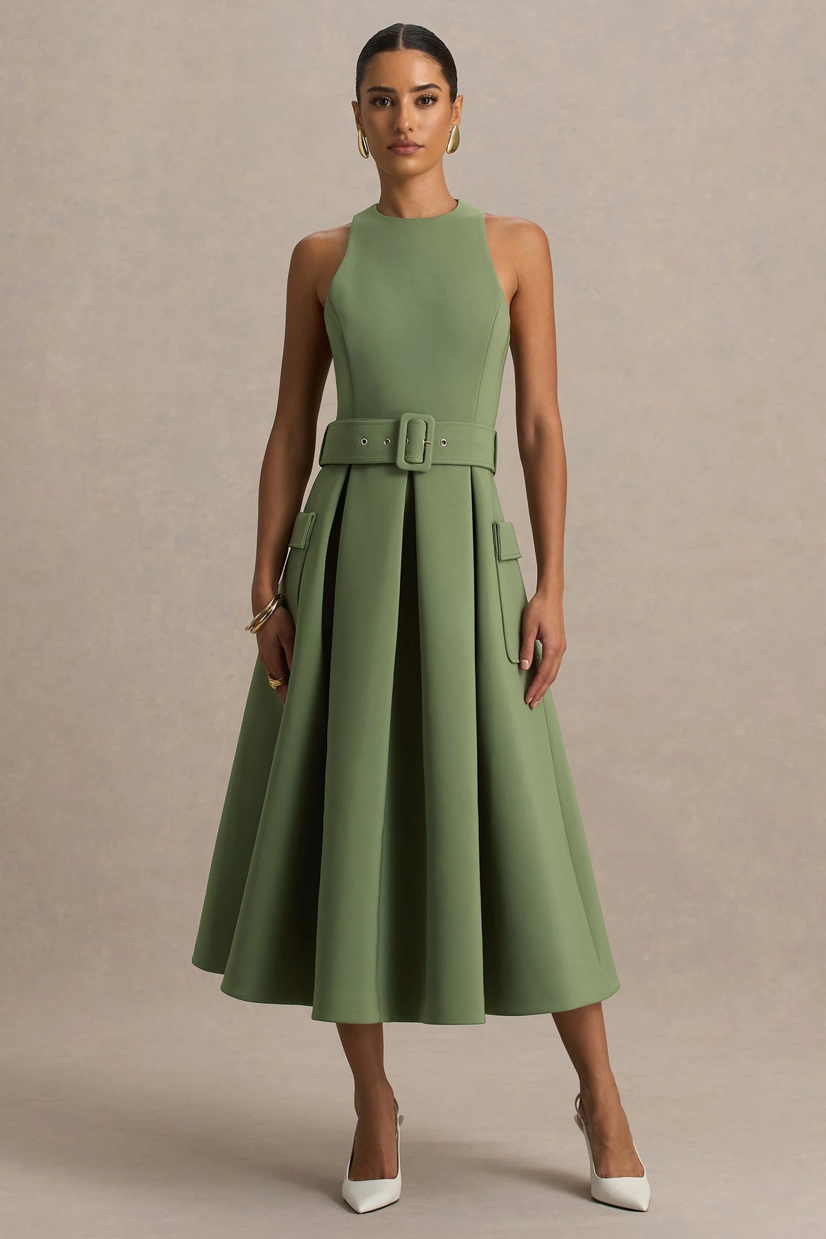 Elisia | Olive Crew-Neck Belted Midi Dress
