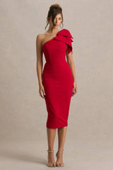 Ambretta | Red One-Shoulder Midi Dress With Bow