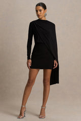 Celeste | Black Long-Sleeve Mini Dress With Cape Sleeve