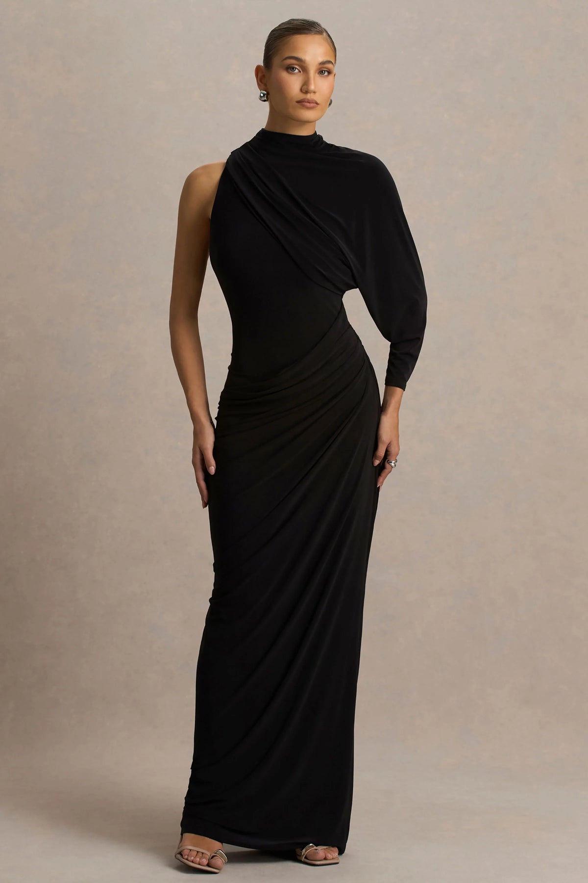 Aphra | Black High-Neck Maxi Dress With Cape-Sleeve