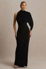 Aphra | Black High-Neck Maxi Dress With Cape-Sleeve