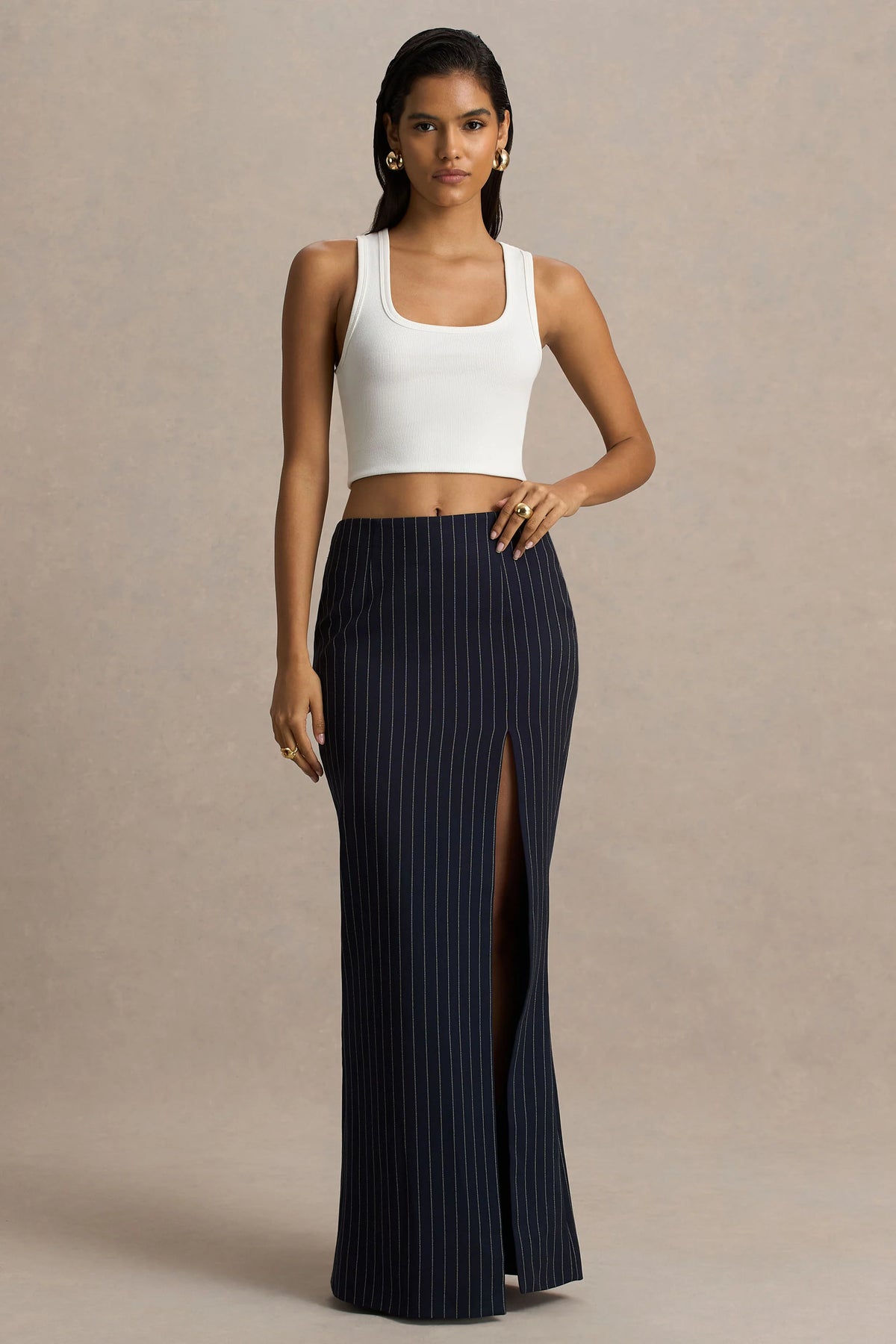Elana | Navy Pinstripe Maxi Skirt With Front-High Split
