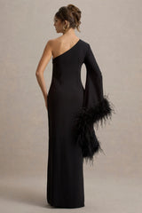 Armina | Black One-Shoulder Feather-Trim Maxi Dress